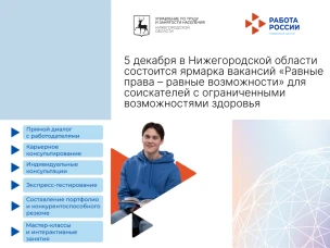 5 декабря в Нижегородской области состоится ярмарка вакансий «Равные права – равные возможности» для соискателей с ограниченными возможностями здоровья